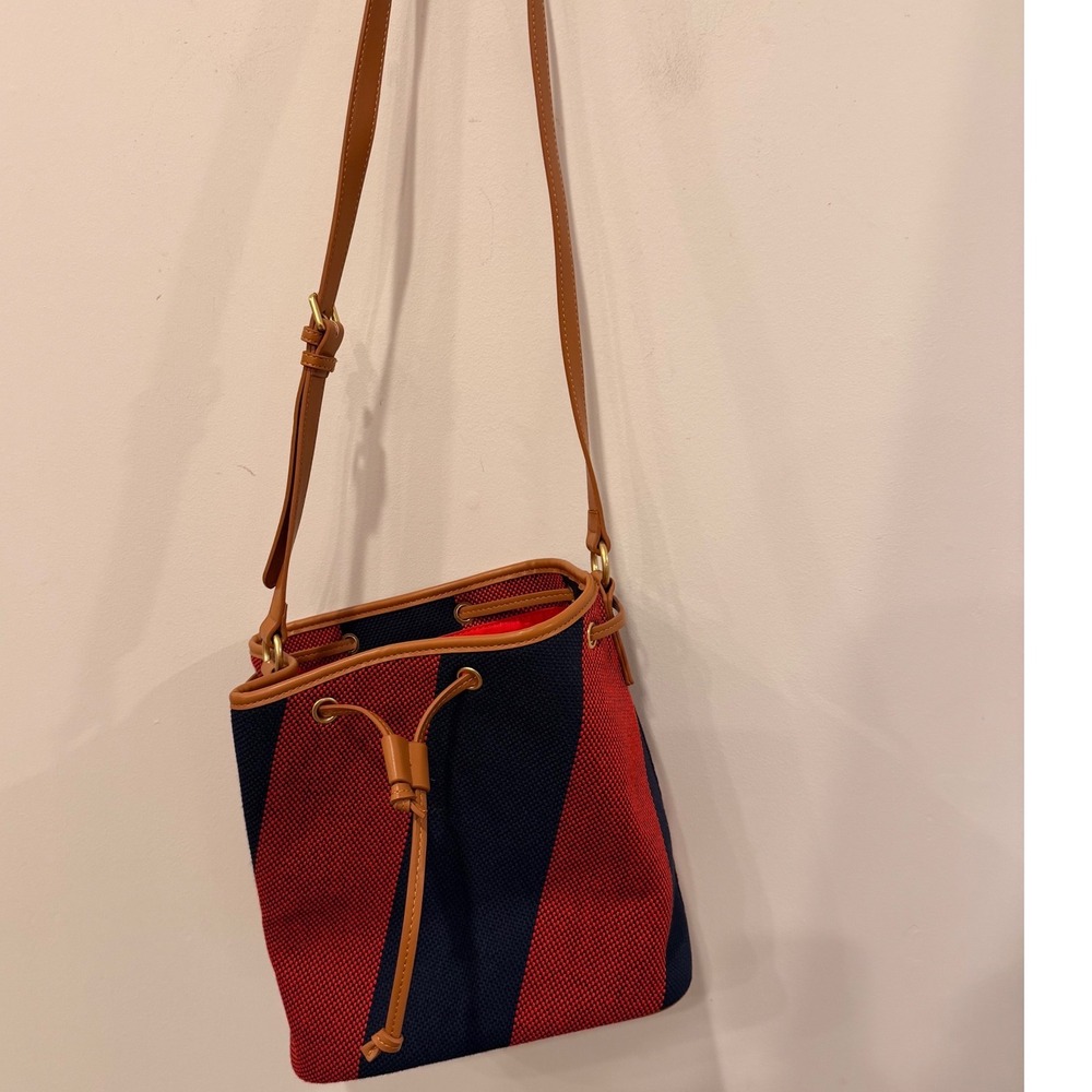 Boden Red Navy Blue Striped Woven Canvas Bucket Bag Crossbody Drawstring NWOT